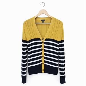 Tommy Hilfiger Striped Mustard and Navy Blue Cardigan Sweater